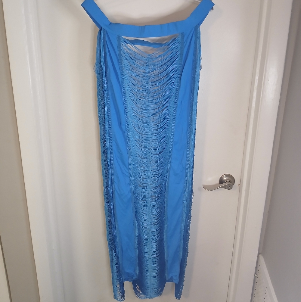 PrettyLittleThing Bright Blue Fringe High Rise Pull On Maxi Skirt 22 New! - Picture 6 of 14